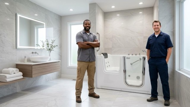 Walk-In Tub Contractor Chicago installer with a customer in their bathroom